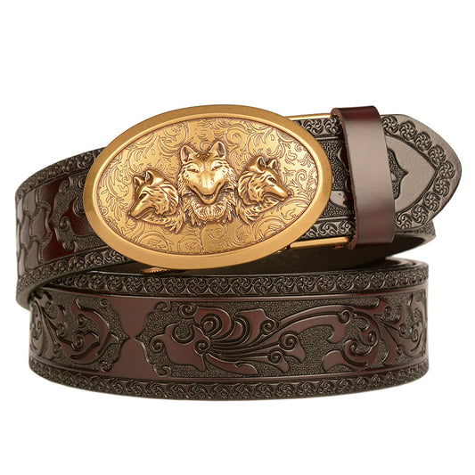 Mens Ratchet Belt,Genuine Leather Belt with Automatic  Wolf Buckle Alloy | TCZD003