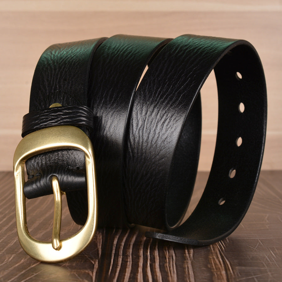 Herren-Gürtel aus genarbtem Rindsleder mit plissierter Schnalle und goldener Schnalle, 38 mm breit | TCZK11