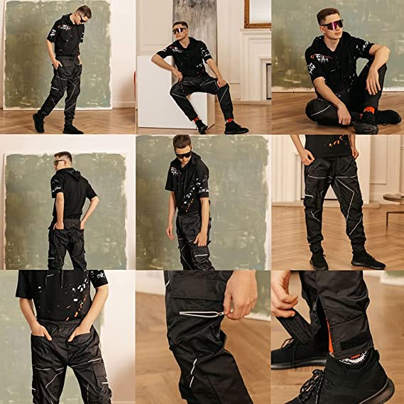 Herrenmode Reflektorstreifen Slim Fit Gym Workout Jogger Cargohose Knöchelband | W302 