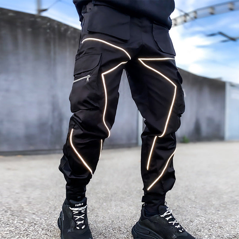 Herrenmode Reflektorstreifen Slim Fit Gym Workout Jogger Cargohose Knöchelband | W302 