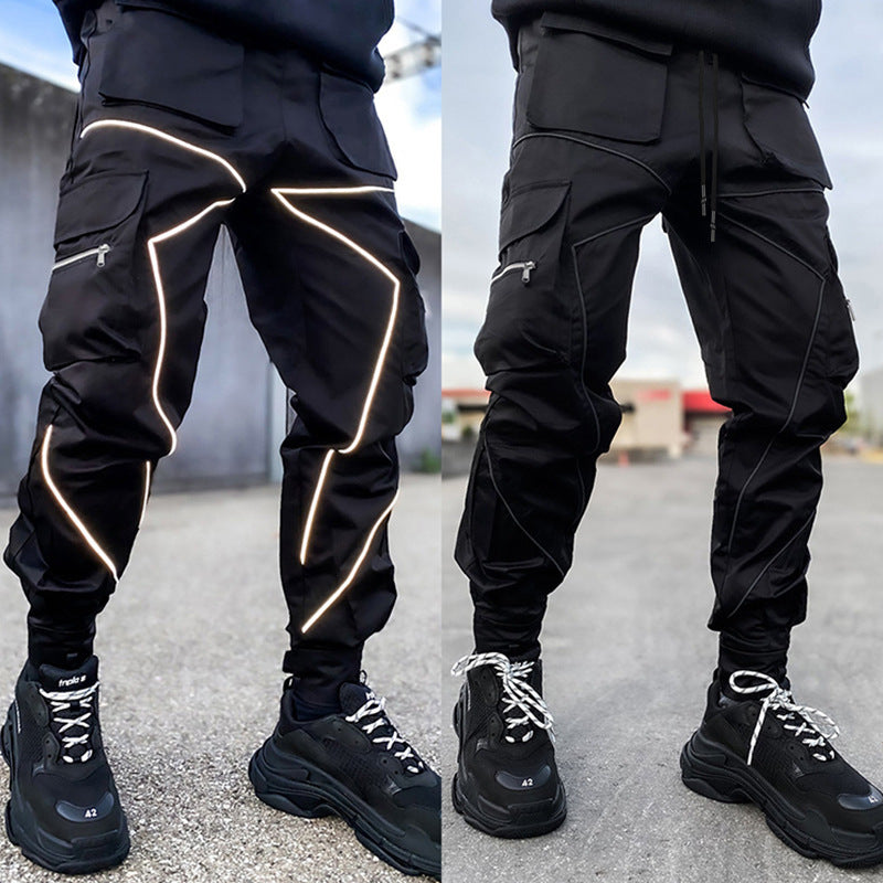 Herrenmode Reflektorstreifen Slim Fit Gym Workout Jogger Cargohose Knöchelband | W302 