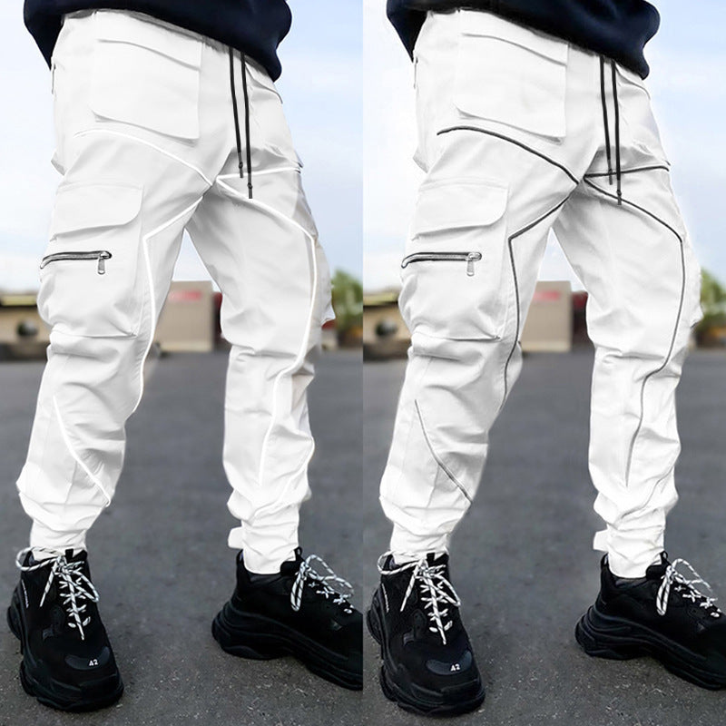 Weiße Herren Multi Pocket Fashion Cargohose Technische reflektierende Jogginghose | W302 