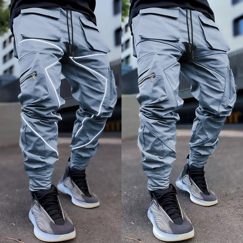 Herrenmode Reflektorstreifen Slim Fit Gym Workout Jogger Cargohose Knöchelband | W302 