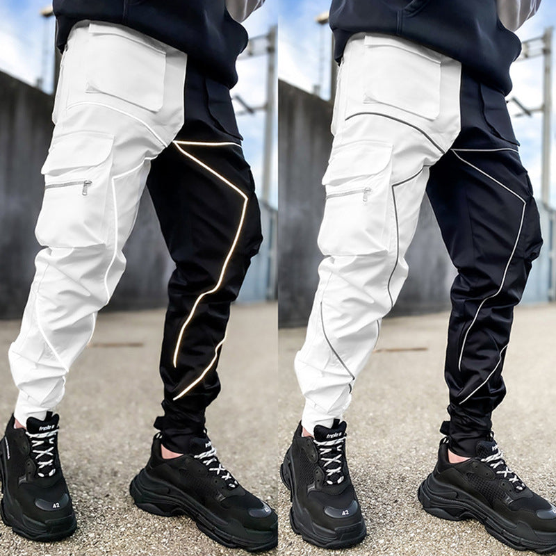Herrenmode Reflektorstreifen Slim Fit Gym Workout Jogger Cargohose Knöchelband | W302 