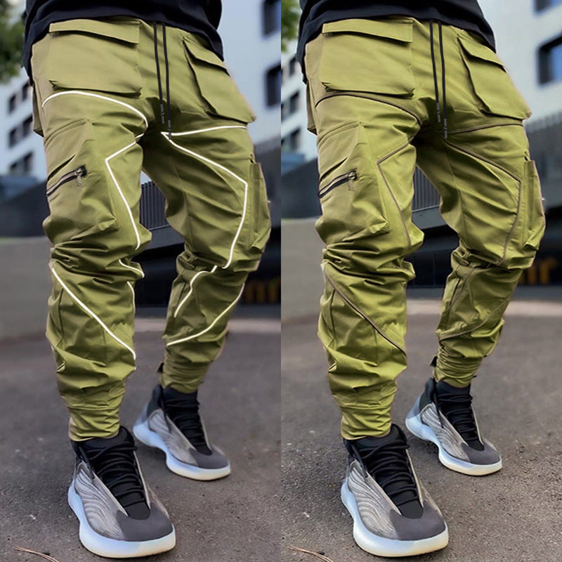 Herrenmode Reflektorstreifen Slim Fit Gym Workout Jogger Cargohose Knöchelband | W302 