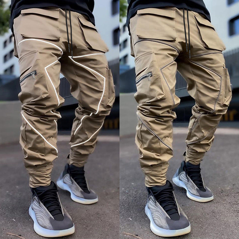 Herrenmode Reflektorstreifen Slim Fit Gym Workout Jogger Cargohose Knöchelband | W302 